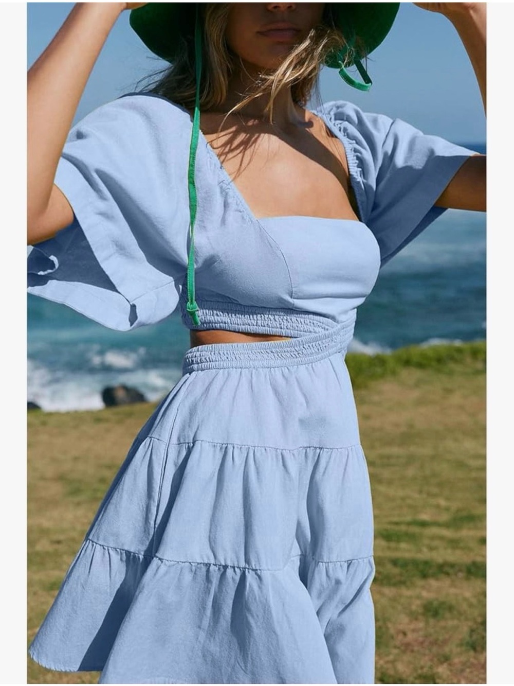 Light Blue Square-Neck Tiered Mini Dress